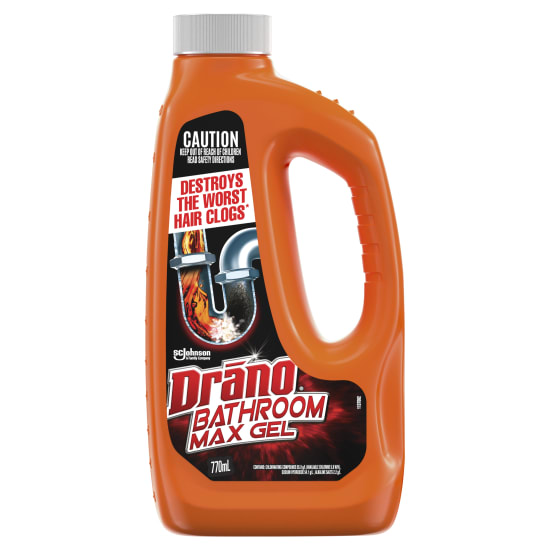 Drano Bathroom Max Gel 770ml is a powerful drain cleaner that dissolves tough hair clogs in just 5 minutes.