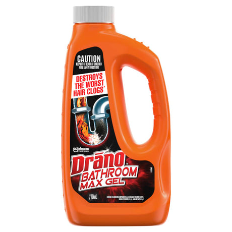 Drano Bathroom Max Gel 770ml is a powerful drain cleaner that dissolves tough hair clogs in just 5 minutes.