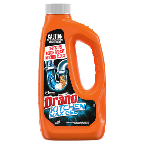 Drano Kitchen Max Gel 770ml bottle designed to clear tough kitchen clogs and eliminate odors, safe for all plumbing.