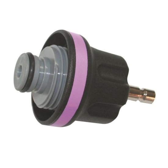 Pink Toledo Cooling System Tester Adapter No. 19 with external thread design for efficient coolant testing and leak detection.