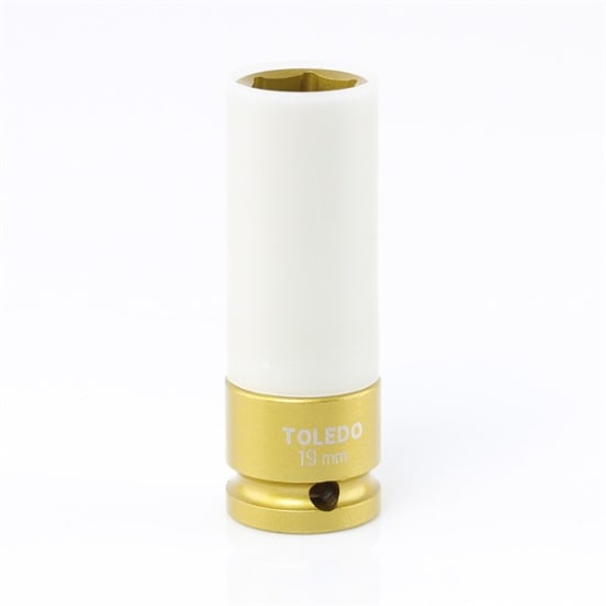 Toledo 19mm wheel nut socket with removable yellow outer shell for safe use on alloy wheels, ideal for mechanics and DIYers.