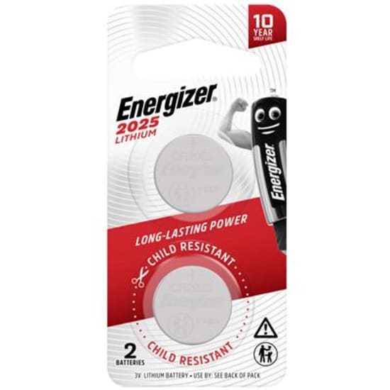 Energizer 2025 Lithium Coin Batteries in a 2-pack, ideal for devices like remotes and monitors, with 10-year shelf life.