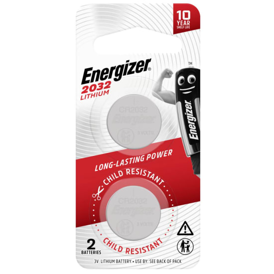 Energizer 2032 Lithium Coin Batteries pack of 2, perfect for remotes and devices, offers 10-year shelf life in child-resistant packaging.