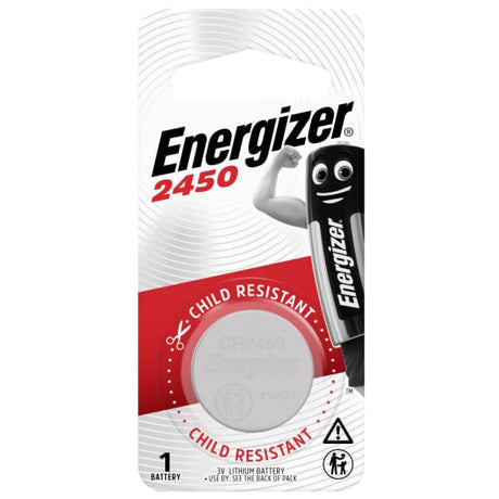 Energizer 2450 Lithium Coin Battery in child-resistant packaging, ideal for devices like remotes and medical monitors.