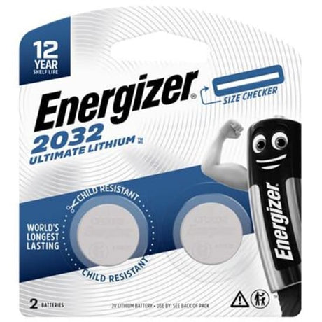 Energizer Lithium 2032 batteries pack of 2, offering long-lasting power for devices like remotes, monitors, and toys.