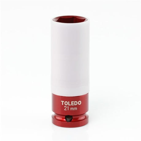 Toledo 21mm wheel nut socket with removable shell for alloy wheel protection and deep design for tight spaces.