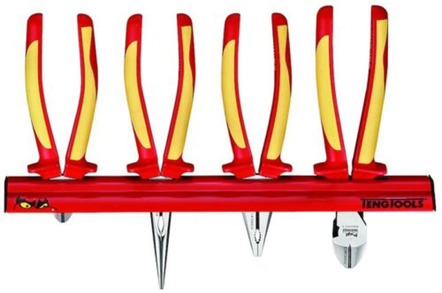 Teng 4pc 1000V Insulated Plier Set on wall rack, featuring ergonomic grips and dual-color insulation for safety.