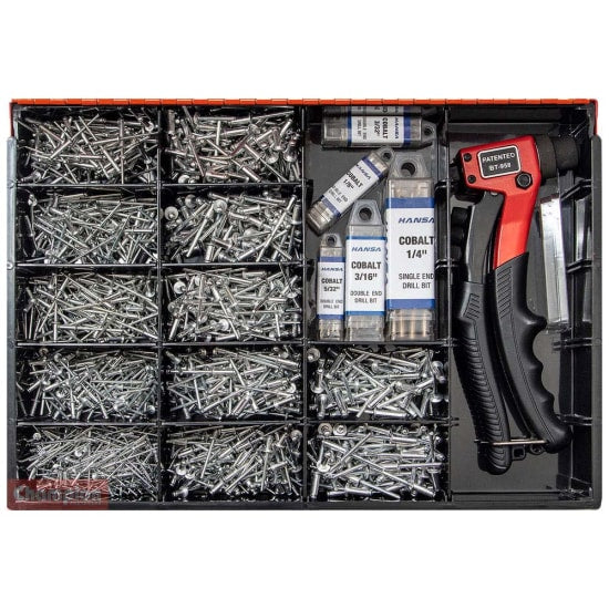 Champion Aluminium Blind Rivet Master Kit with 1175 pieces, including rivets, drill bits, and a rivet gun for versatile fastening tasks.