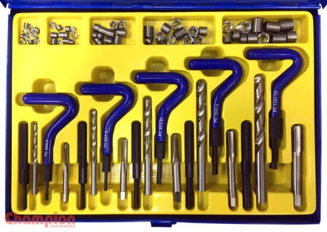 70-piece Champion SS Metric Thread Repair Kit with stainless steel inserts, drill bits, taps, and tools for M5 to M12 repairs.