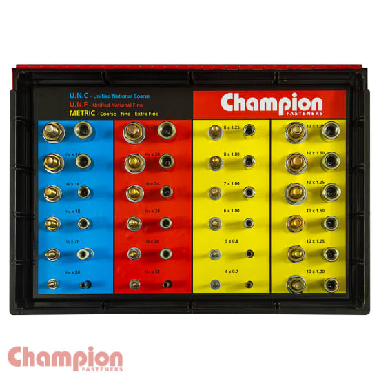 Champion Thread Tester Master Kit featuring 48 sizes for accurate thread identification of Metric and Imperial screws and nuts.