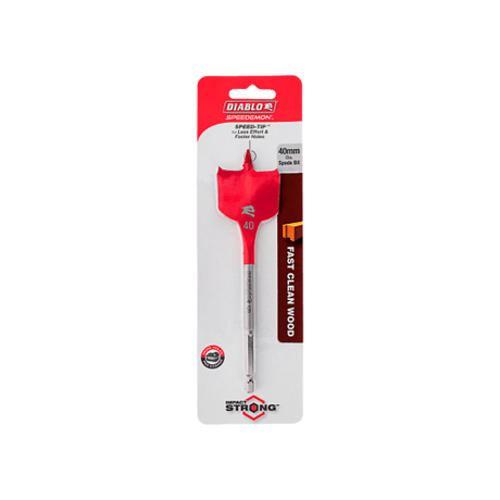 Diablo SPEEDemon Spade Bit, 40mm x 152mm, features self-feeding design for fast, clean wood drilling with minimal effort.