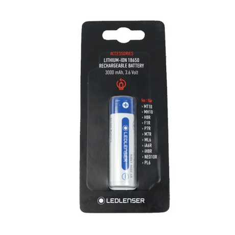 Ledlenser CR18650 rechargeable battery for high-performance flashlights, offering 3000mAh and 1000 charging cycles.