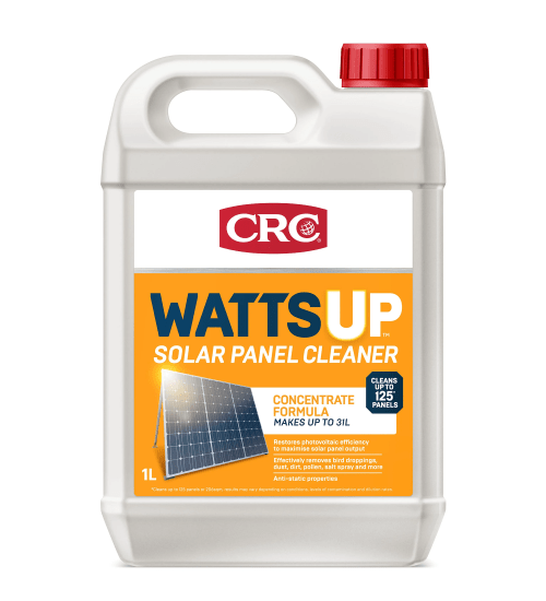 Bottle of CRC WattsUp Solar Panel Cleaner, eco-friendly solution for removing dirt and contaminants from solar panels.