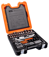 Comprehensive 108-piece Bahco square drive socket set with durable alloy steel sockets and organized in a removable plastic case.