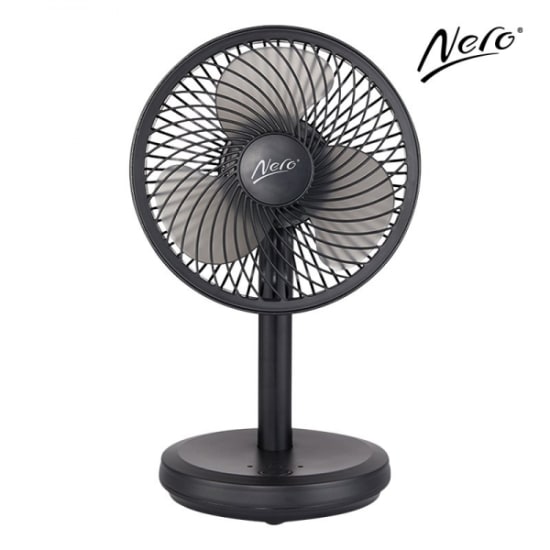 Compact Nero USB Desk Fan in black, 13cm diameter with 4 speed settings, quiet operation, and 1.5m USB power cord.