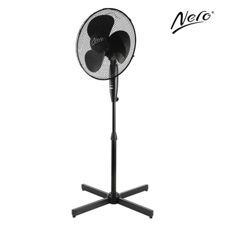 Nero 40cm black pedestal fan with 3 speeds, oscillation, safety guard, adjustable height, and a sleek design for summer cooling.