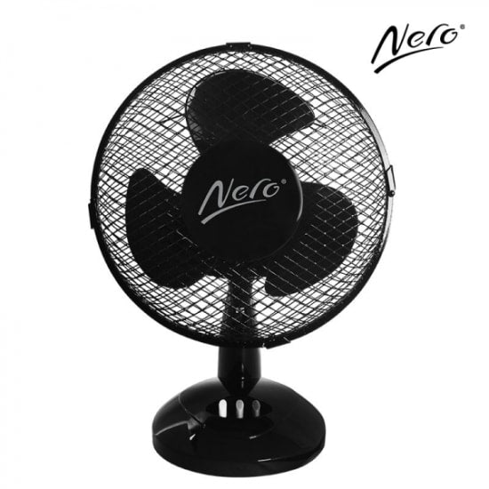 Compact black 23cm Nero Desk Fan with oscillation, 2 speed settings, and metal safety guard, perfect for home or office use.