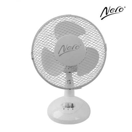 Compact 23cm white desk fan with oscillation, 2 speeds, and safety features for effective airflow in any workspace.