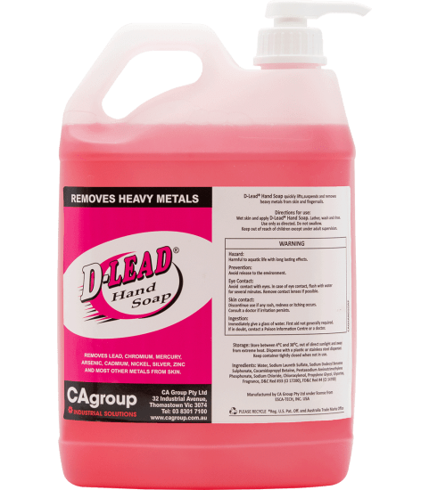 D-Lead Metal Removal Hand Soap in a 5L pump dispenser, designed to remove heavy metals and contaminants while being gentle on skin.