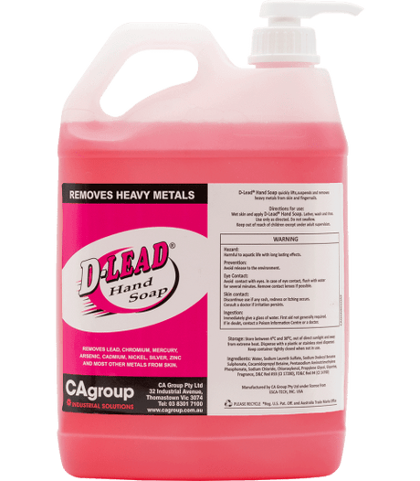 D-Lead Metal Removal Hand Soap in a 5L pump dispenser, designed to remove heavy metals and contaminants while being gentle on skin.