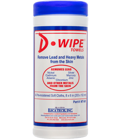 D-Lead Metal Removal Wipes: 40 effective wipes for safely removing heavy metal dust from skin and surfaces.