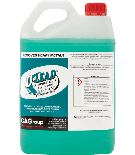 D-Lead 5L laundry detergent effectively removes metal particles and grime from work apparel and PPE for safer cleaning.