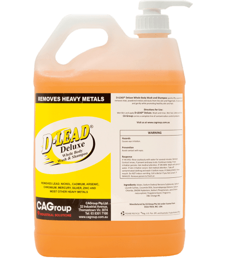 D-Lead Body Wash and Shampoo 5L bottles, perfect for removing heavy metals and ensuring a deep clean for skin and hair.