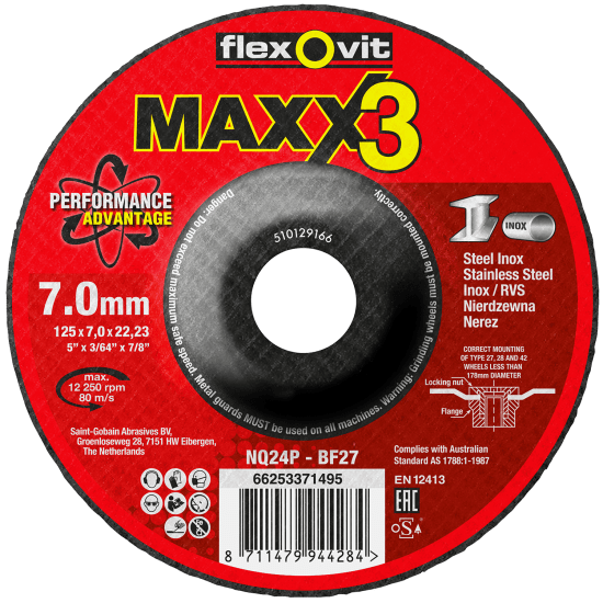 Flexovit MAXX3 Depressed Centre Grinding Wheels, 125x7x22.23 mm, ideal for high-performance metal grinding and durability.