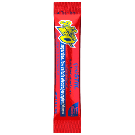 Sugar-free Sqwincher Qwik Stik packets in watermelon flavor for electrolyte replenishment, pack of 50 for on-the-go hydration.