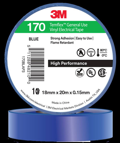 Vibrant blue 3M Temflex Vinyl Electrical Tape 170, 18mm x 20m, durable, flame-retardant, and ideal for insulation and phase coding.