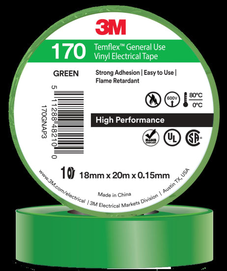 Bright green 3M Temflex Vinyl Electrical Tape 170, 18mm x 20m, for safe electrical insulation and marking applications.