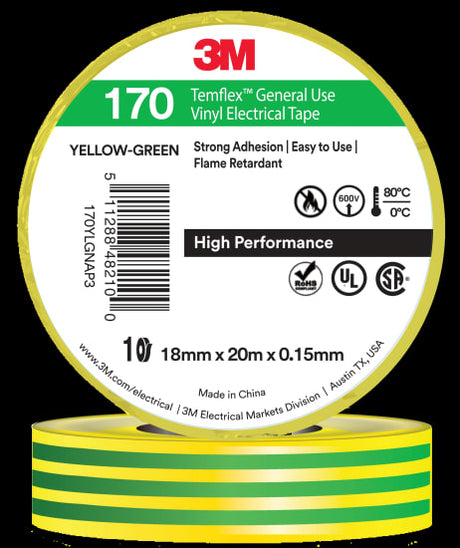 3M Temflex Vinyl Electrical Tape 170 in Green/Yellow, 18mm x 20m, ideal for electrical insulation and safety marking.