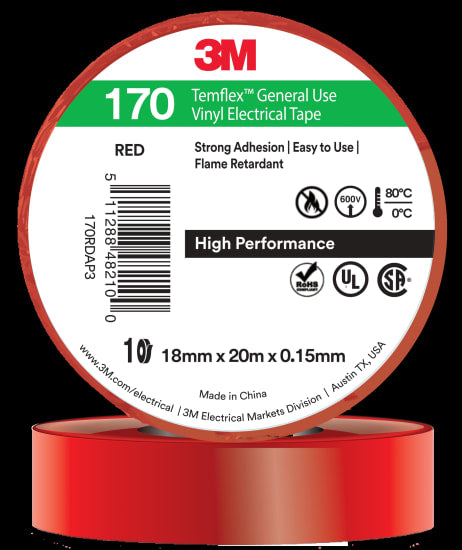 Red 3M Temflex Vinyl Electrical Tape 170, 18mm x 20m roll, featuring flame retardant, pressure-sensitive adhesive for safety.