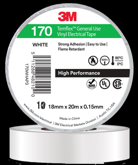 3M Temflex Vinyl Electrical Tape 170 in white, 18mm x 20m, offers durable, flame-retardant insulation for electrical applications.