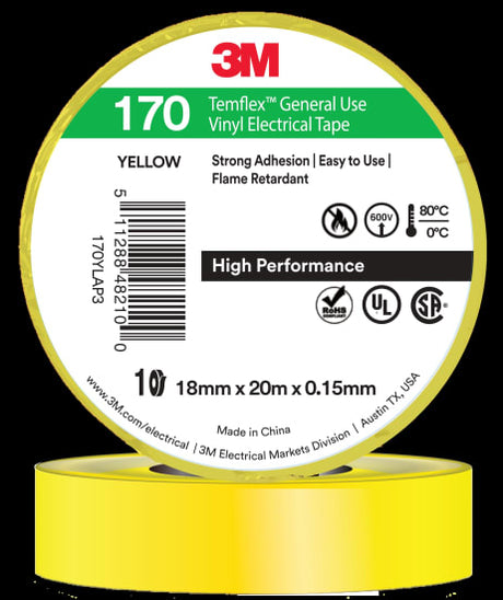 3M Temflex Vinyl Electrical Tape 170 Yellow, 18mm x 20m, for insulation and safety marking with flame retardant properties.