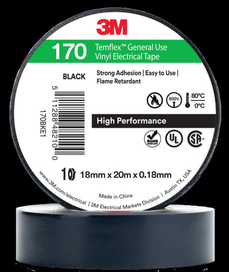 3M Temflex Vinyl Electrical Tape 170 Black, 18mm x 20m, durable PVC tape for insulation, flame-retardant and flexible adhesive.