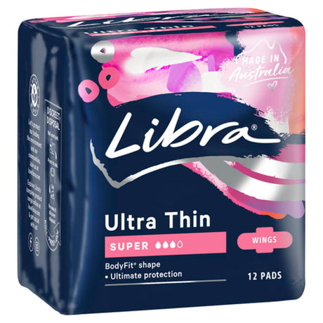 Libra Ultra Thin Super Pads with Wings in a carton, 72 total, designed for comfort, super absorbency, and leak protection.