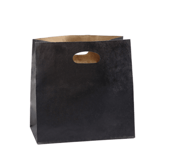 Sleek black paper bag with die-cut handle, eco-friendly, holds up to 5kg, perfect for stylish retail packaging.