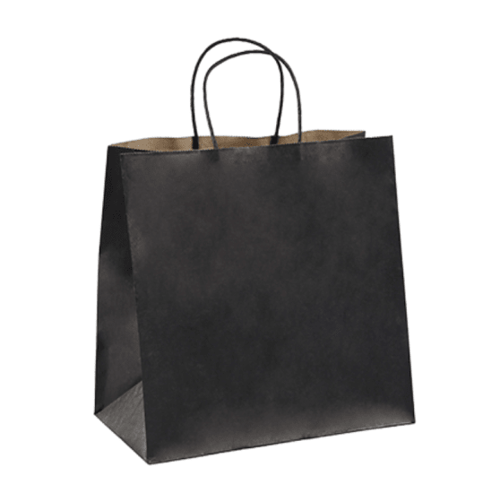 Detpak Small Paper Twist Handle Bag in matte black, 280x280x150mm, features sturdy handles and stands upright for easy loading.