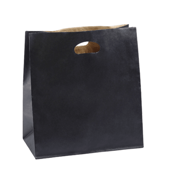 Large black paper bag with die-cut handle, eco-friendly, durable, holds up to 5kg, perfect for retail or takeaway use.