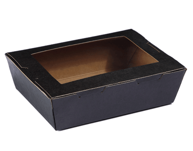 Detpak Extra Small Black Window Lunch Box, 120x88x37mm, ideal for displaying fresh noodles, salads, and sushi.