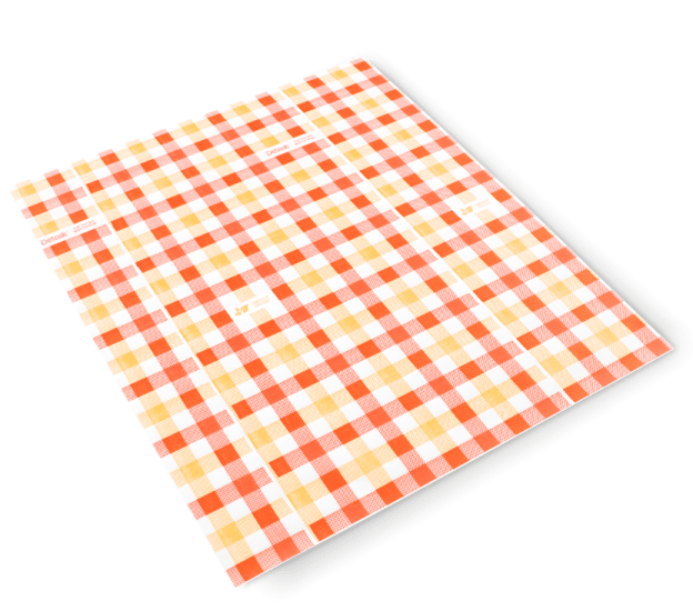 Eco-friendly Detpak Medium Renewable Waxed Burger Wrap in Gingham design, 380 x 330mm, perfect for greasy foods.