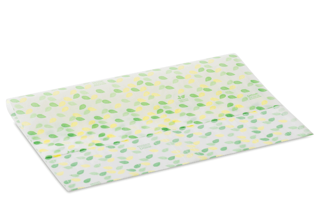 Detpak Medium Renewable Waxed Sandwich Wrap in Leaf design, 380 x 330mm, eco-friendly food wrap for sandwiches and baked goods.