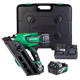 HiKOKI 18V gasless framing nailer kit with brushless motor, 2 batteries, rapid charger, and tool-less depth adjustment.