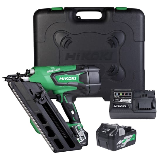 HiKOKI 18V gasless framing nailer kit with brushless motor, 2 batteries, rapid charger, and tool-less depth adjustment.