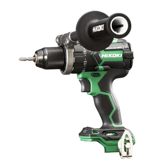 HiKOKI 36V High Power Cordless Impact Drill showcasing a 13mm keyless chuck, metal gear case, and innovative safety features.