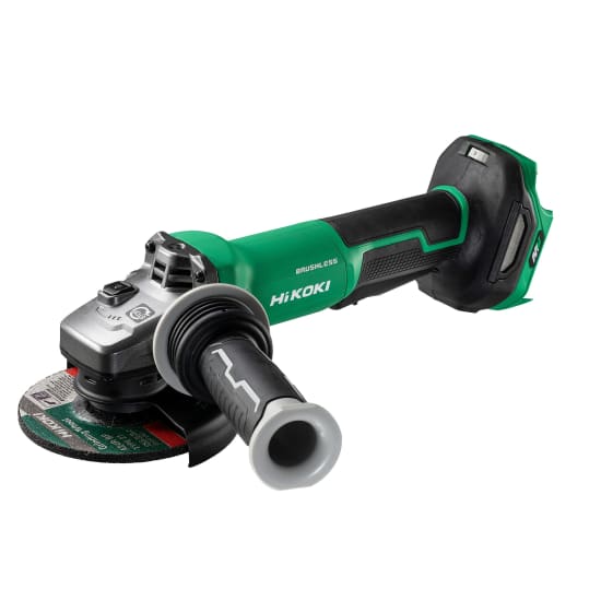 HiKOKI 36V cordless angle grinder with 125mm wheel, brushless motor, paddle switch, and bright LEDs for enhanced safety and visibility.