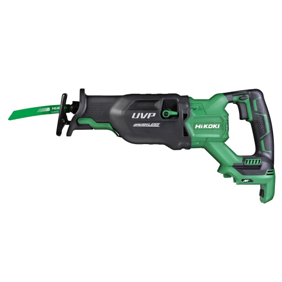 HiKOKI 36V cordless reciprocating saw with brushless motor, 3000 spm, anti-vibration tech, and tool-less blade change.