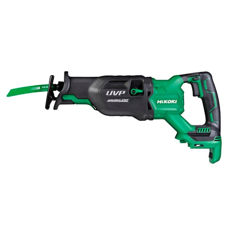 HiKOKI 36V cordless reciprocating saw with brushless motor, 3000 spm, anti-vibration tech, and tool-less blade change.