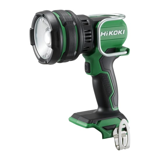 HiKOKI 18V Cordless LED Spot Light with 1050 lumens, adjustable brightness, 90° rotating head, and IP55 water resistance.